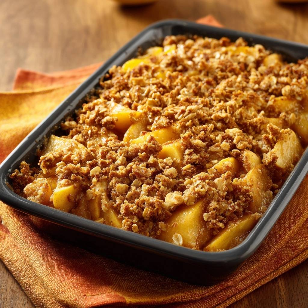 Knuspriger Apfel-Crumble mit goldbraunem Streusel-Topping in einer Auflaufform, nahaufnahme