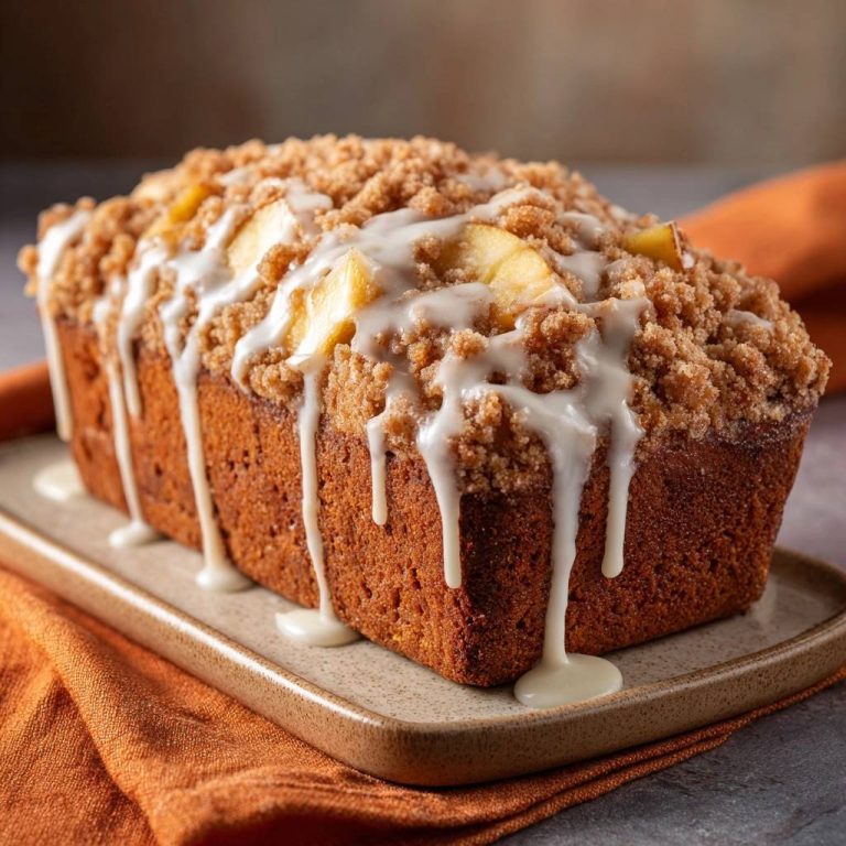 Apfel-Streusel-Kuchen mit detailreicher Glasur und Streuseln, die über den Rand tropft.
