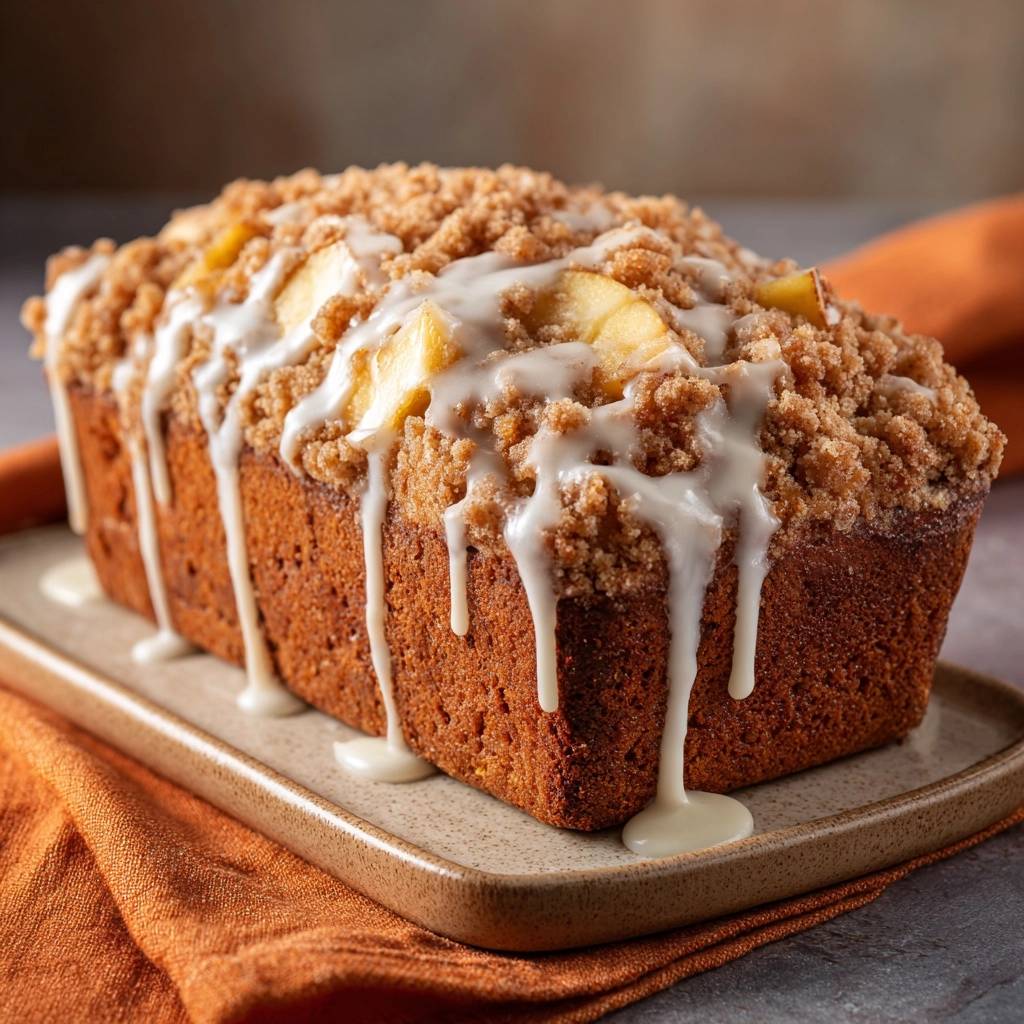 Apfel-Streusel-Kuchen mit detailreicher Glasur und Streuseln, die über den Rand tropft.