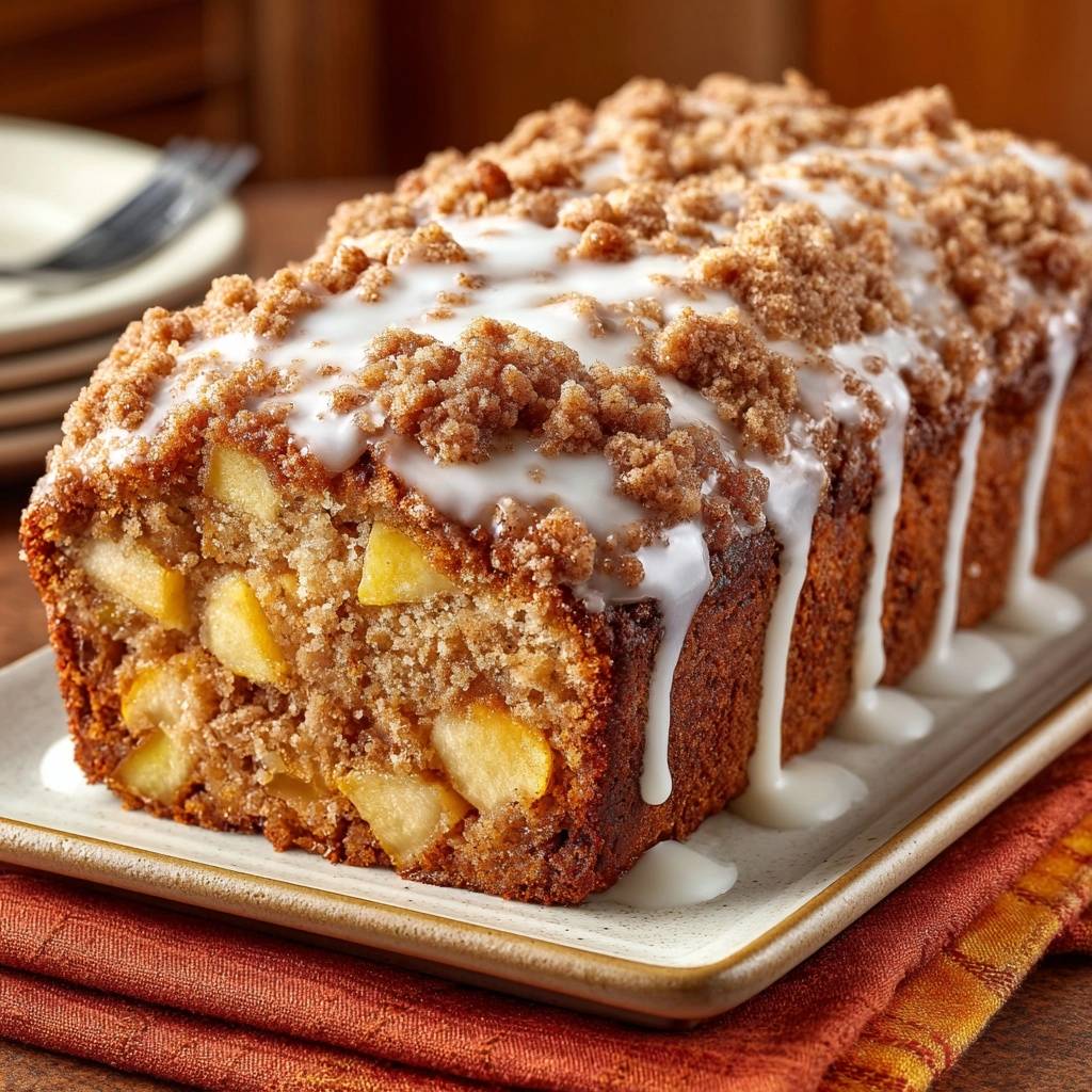 Apfel-Streusel-Kuchen mit einer großzügigen Glasur und knusprigen Streuseln, die über den Rand laufen.