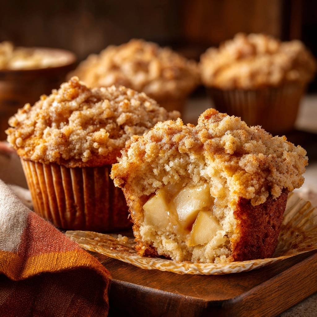 Apfel-Streusel-Muffins angeschnitten und zeigen saftige Apfelstücke im Inneren, mit Streuseldecke.