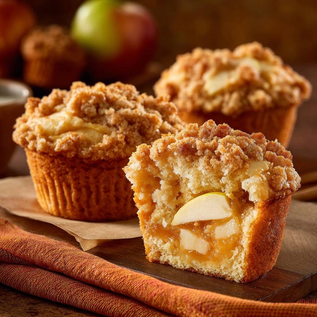 Apfel-Streusel-Muffins angeschnitten mit sichtbaren Apfelstücken und goldbraunem Streusel-Topping, ein Muffin im Vordergrund.