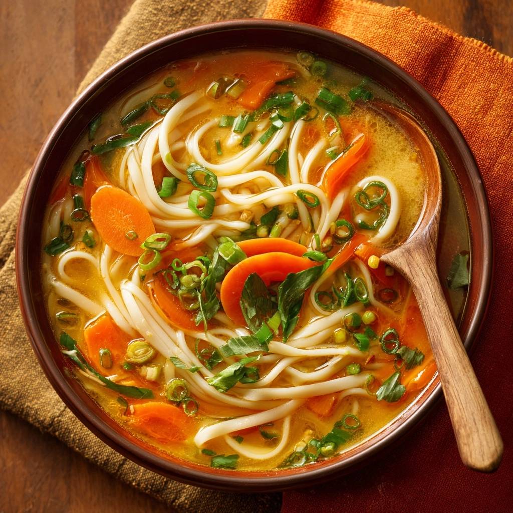 Asiatische Gemüse-Nudelsuppe mit Möhren und Frühlingszwiebeln, serviert in einer Schüssel mit einem Holzlöffel.