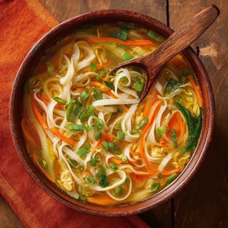 Asiatische Gemüse-Nudelsuppe von oben mit einem Holzlöffel, reich gefüllt mit Nudeln, Karotten und Frühlingszwiebeln.