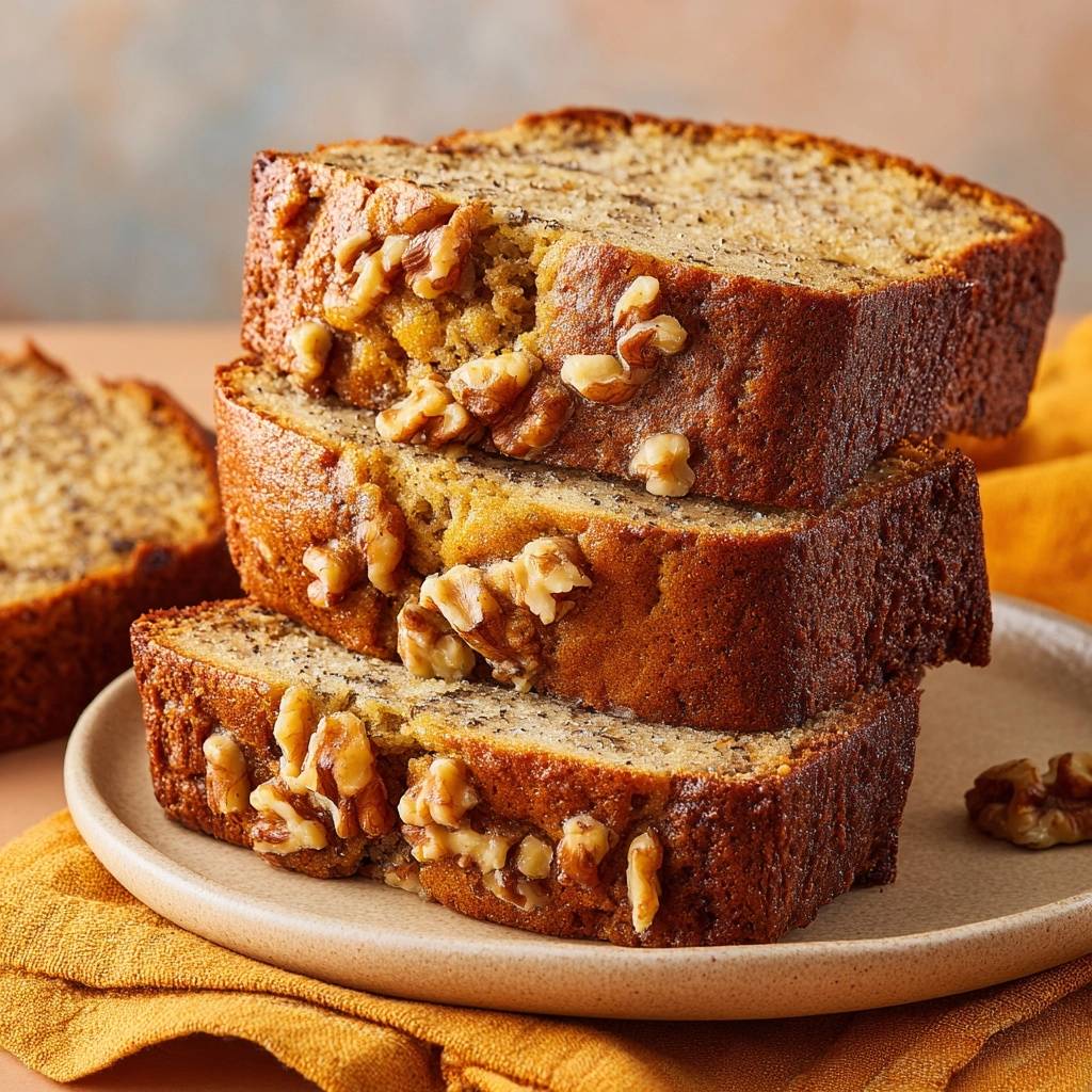 Saftiges Bananen-Walnuss-Brot als Nahaufnahme von gestapelten Scheiben mit Walnüssen auf einem Teller.