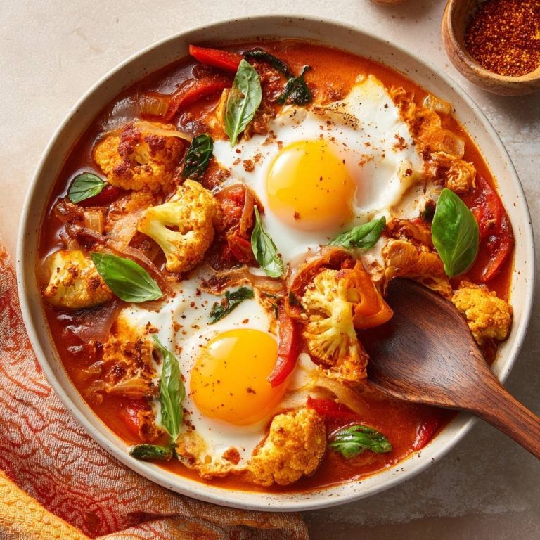 Blumenkohl-Shakshuka mit pochierten Eiern und frischem Basilikum, appetitlich in einer Schüssel serviert mit einem Holzlöffel.