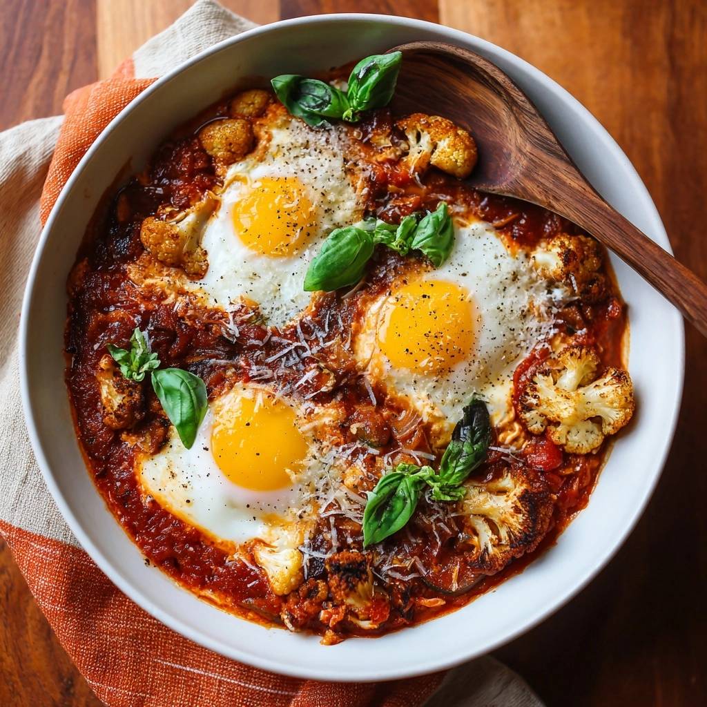 Blumenkohl-Shakshuka mit pochierten Eiern und frischer Basilikum-Garnitur in einer weißen Schüssel