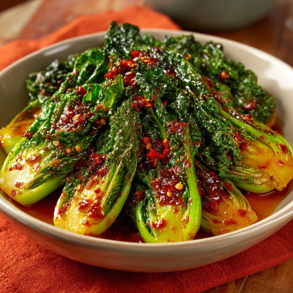 Schnelles Bok-Choi-Kimchi würzig mit scharfer Sauce, detailaufgenommen in einer Schüssel auf einem orangefarbenen Tuch.