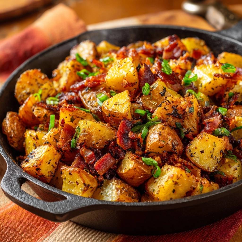 Knusprige Bratkartoffeln mit Speck und Frühlingszwiebeln aus einer Gusseisenpfanne, garniert mit frischen Kräutern.