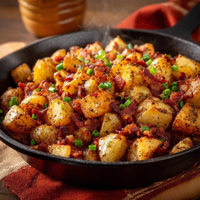 Knusprige Bratkartoffeln mit Speck und Frühlingszwiebeln in einer Gusseisenpfanne, dampfend und frisch zubereitet.