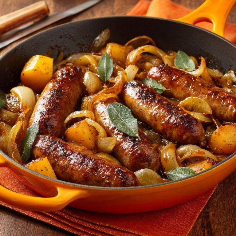 Bratwürste mit Kartoffeln, Zwiebeln und Salbei, serviert in einer gusseisernen Pfanne mit Orangengriff.