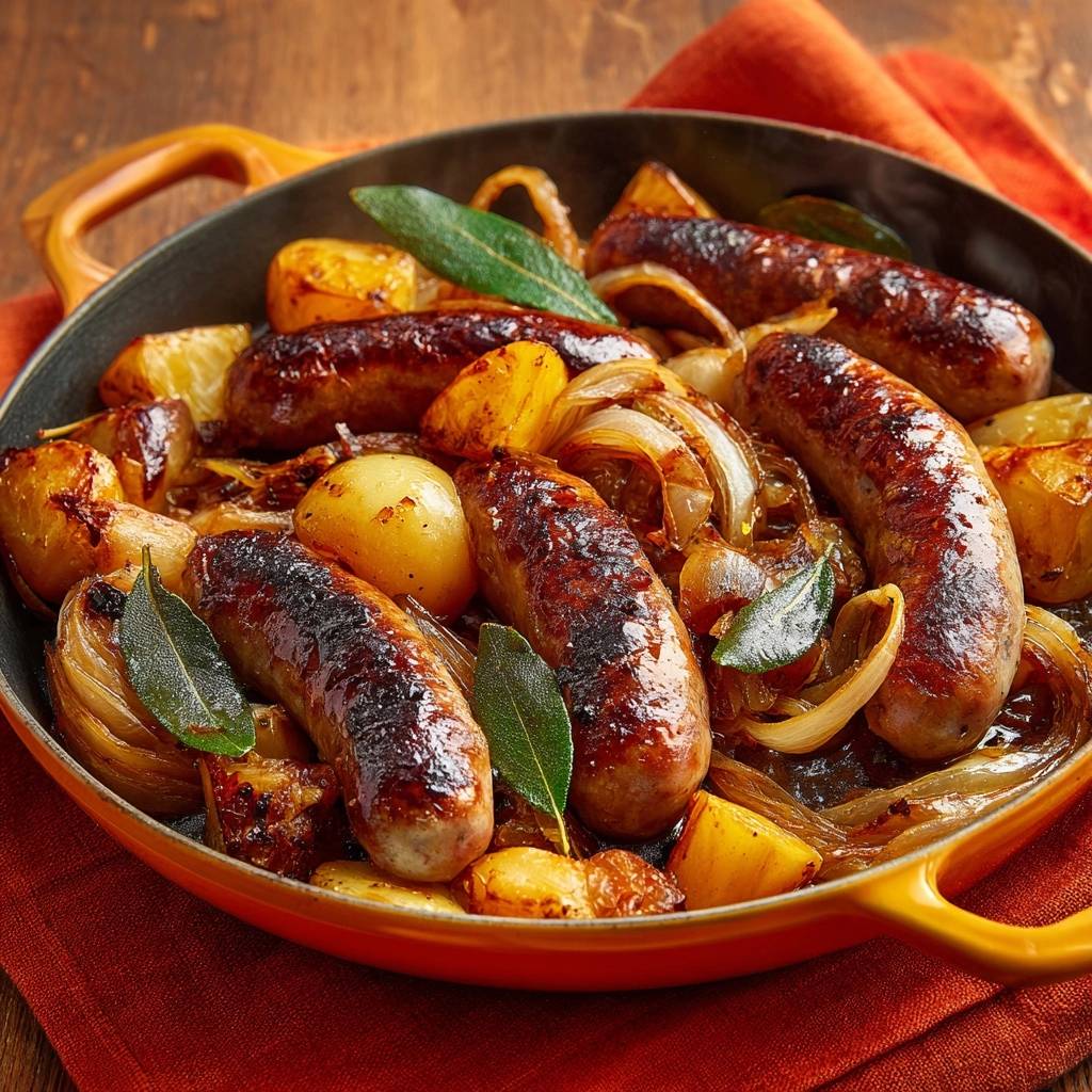 Bratwürste mit Kartoffeln, Zwiebeln und Salbei in einer Bratpfanne aus der Nähe aufgenommen.