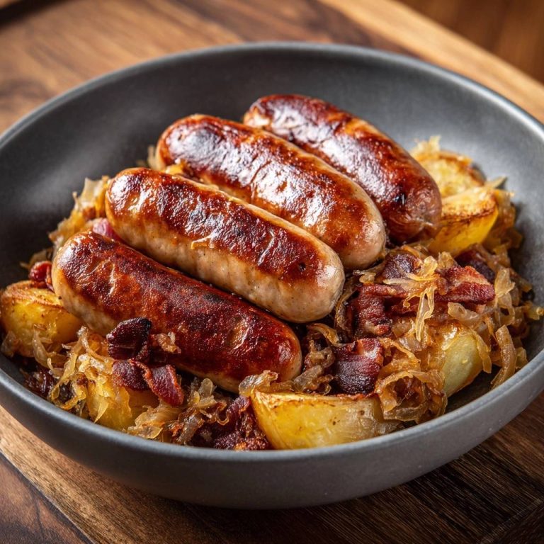 Bratwürste mit Sauerkraut, Kartoffeln und Räuchertofu in einer Schüssel, Nahaufnahme der gebratenen Würste über dem deftigen Gericht