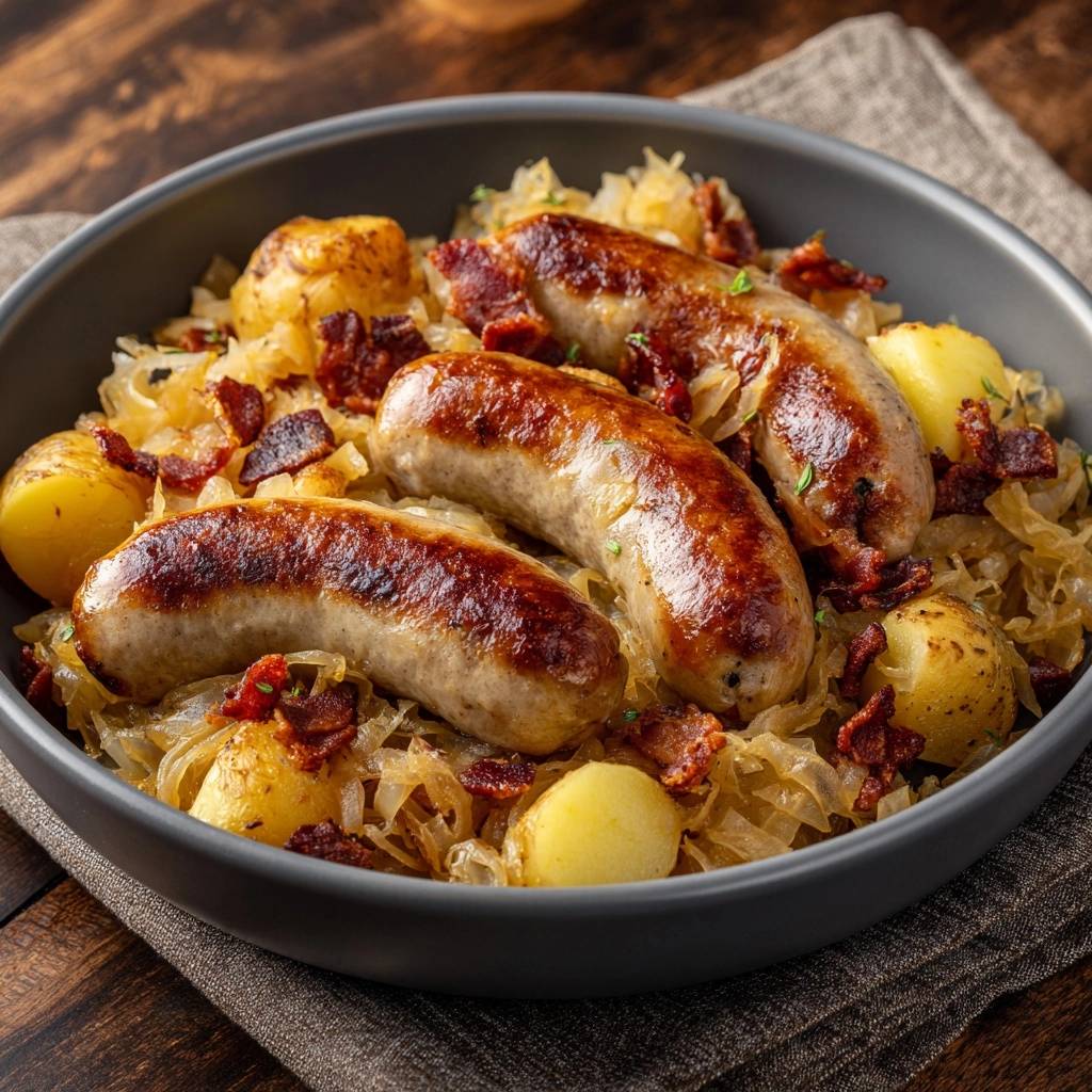 Bratwürste mit Sauerkraut, Kartoffeln und Räuchertofu in einer Schüssel, Nahaufnahme mit Fokus auf die gebräunten Würste.