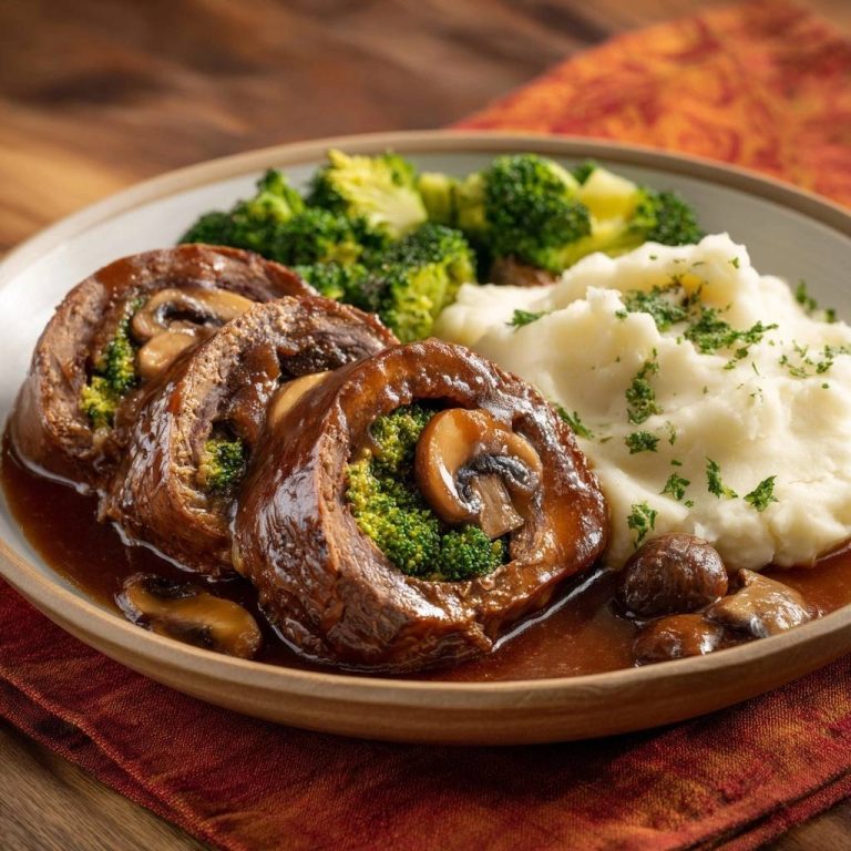 Saftige Brokkoli-Pilz-Rouladen mit Kartoffelpüree, angeschnitten, mit Pilzen und Brokkoli gefüllt