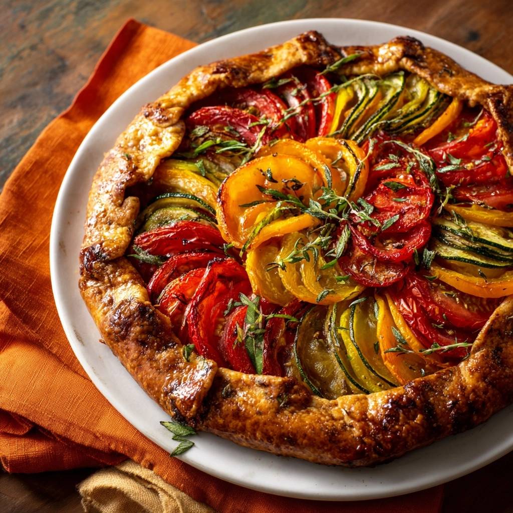 Bunte Gemüse-Tarte von oben mit frischen Kräutern garniert, auf einem weißen Teller serviert.