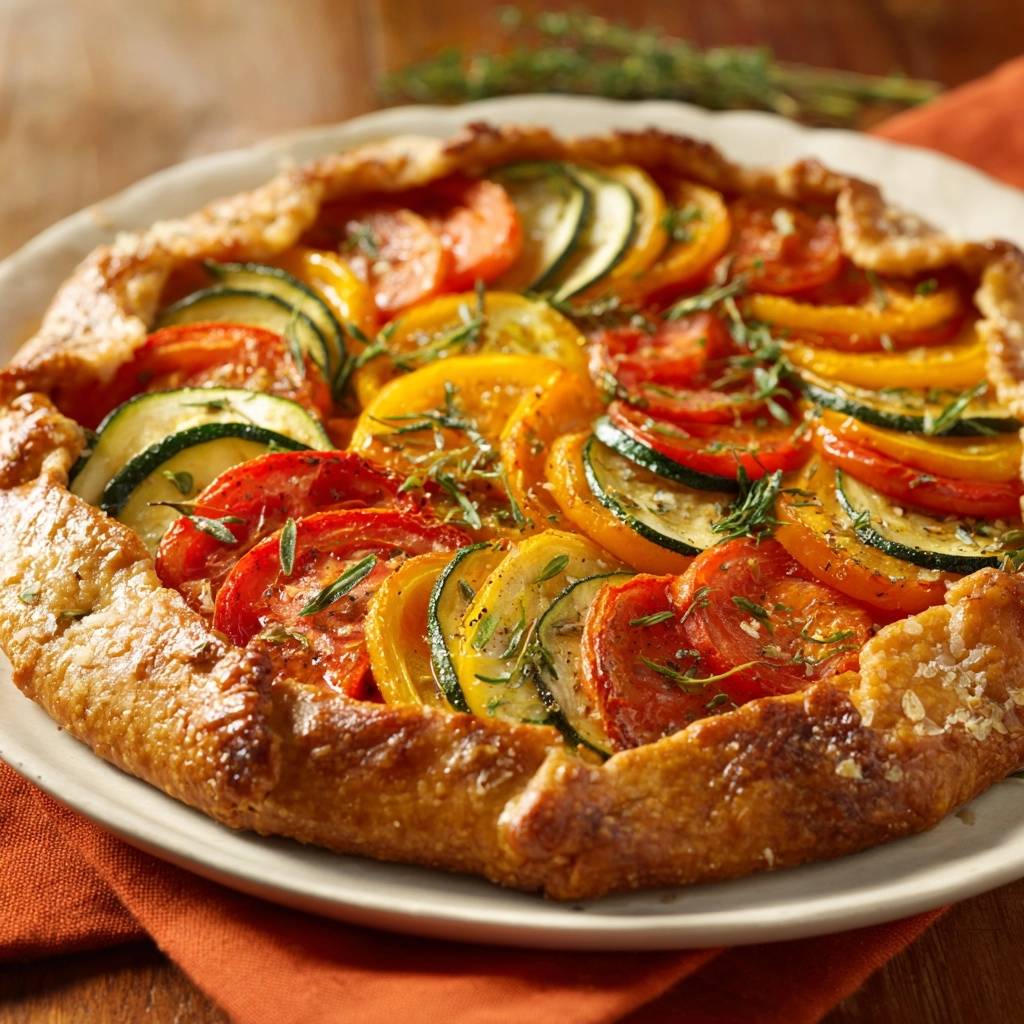 Bunte Gemüse-Tarte von oben mit geschichteten Tomaten- und Zucchinischeiben und Kräutern garniert