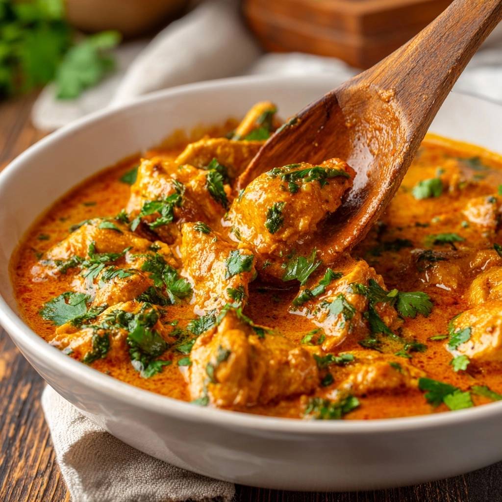 Butterhähnchen-Curry mit einem Holzkochlöffel, der ein Stück Hähnchen aus der cremigen Sauce hebt.
