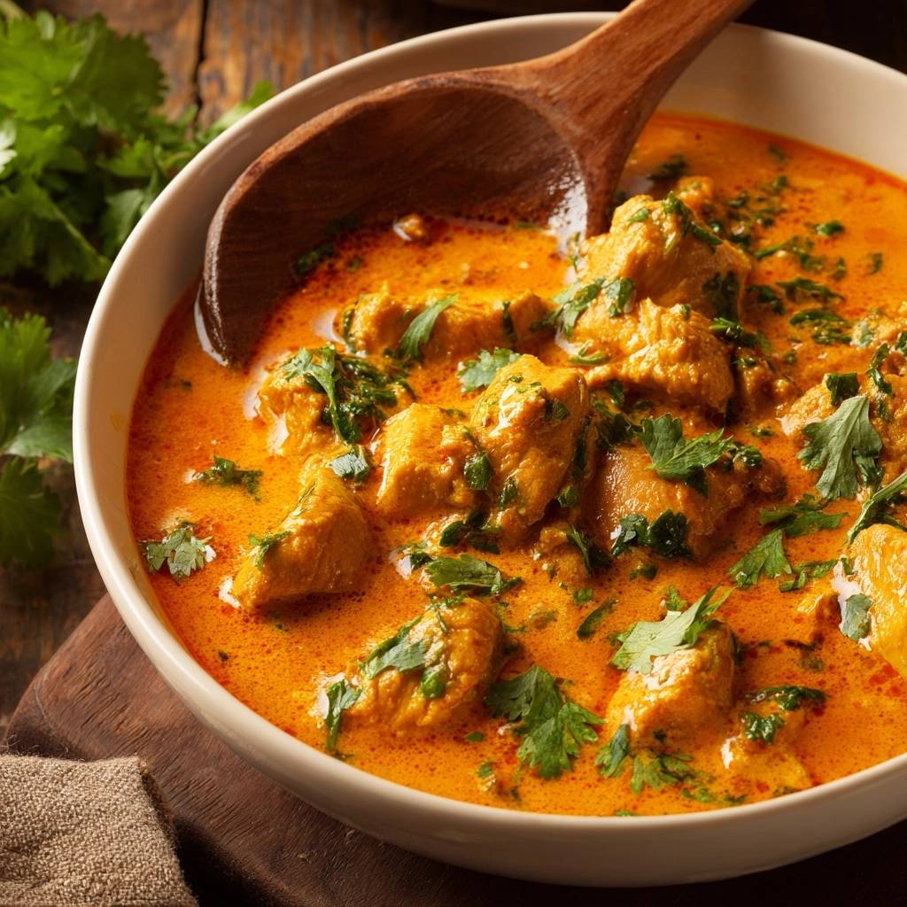 Butterhähnchen-Curry mit einem Holzkochlöffel darin, Nahaufnahme des cremigen Gerichts mit Koriander garniert
