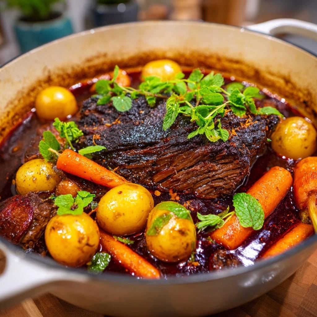 Butterzartes Rindfleisch mit Kartoffeln und Karotten, garniert mit frischer Minze und Orangenschale in einem Schmortopf.