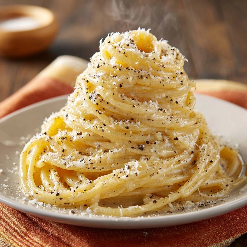 Cacio e Pepe, ein Berg aus heißen Spaghetti mit geschmolzenem Käse und frisch gemahlenem Pfeffer bestreut.