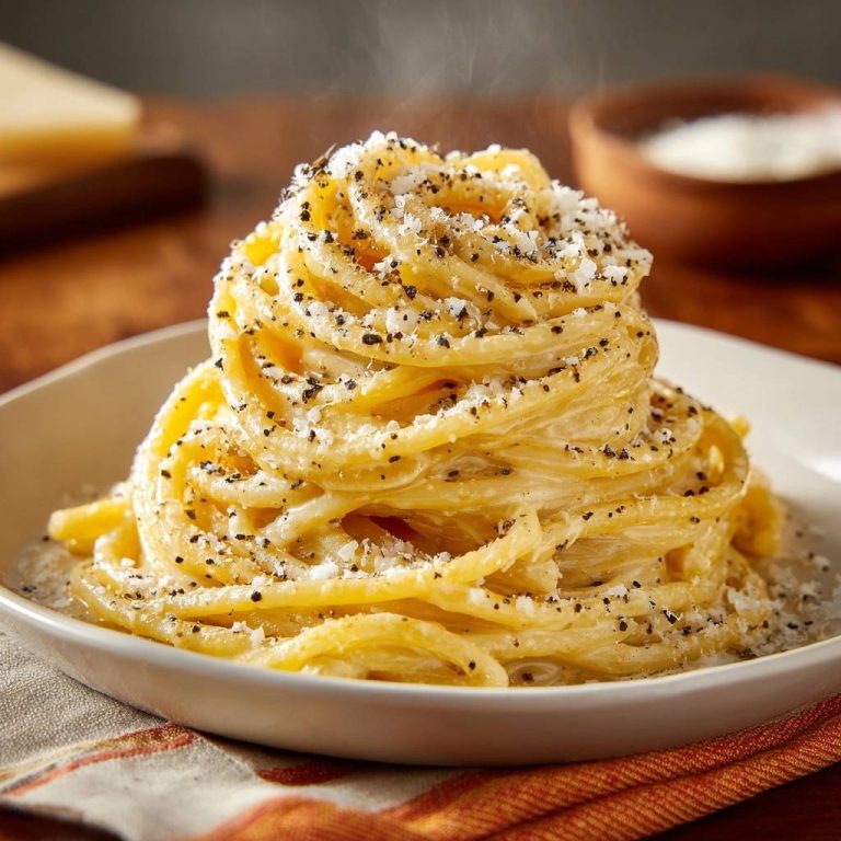 Cacio e Pepe, eine Nahaufnahme des dampfenden Nudelgerichts, bestreut mit schwarzem Pfeffer und geriebenem Käse.