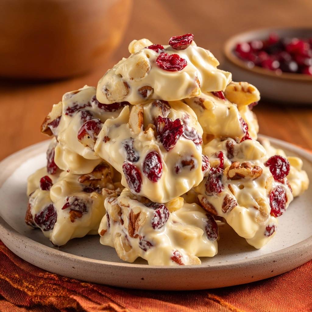 Cranberry-Pekan-Weißschokoladen-Bark mit getrockneten Cranberries und Pekannüssen, nahaufnahme auf einem Teller.