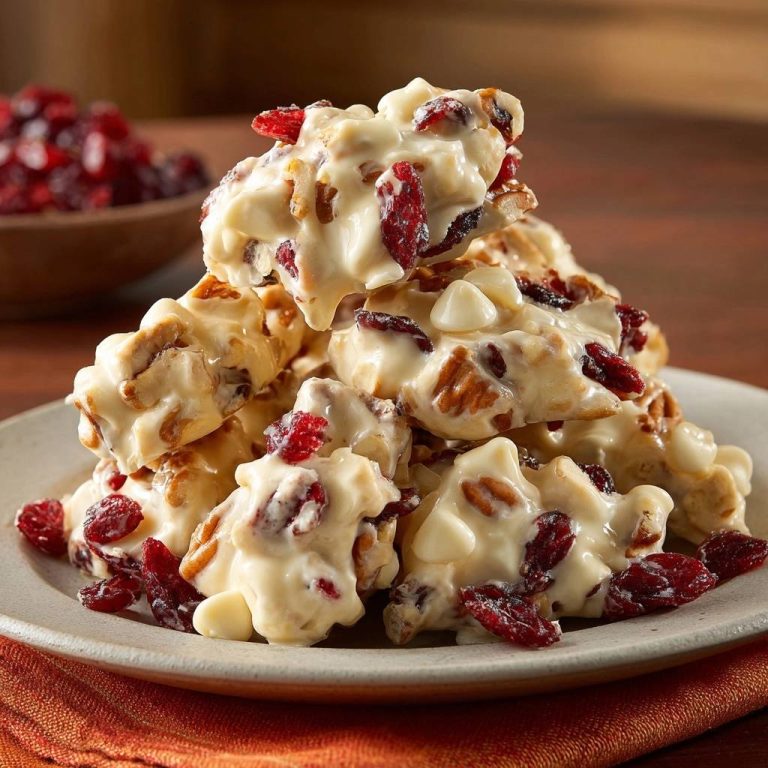 Cranberry-Pekan-Weißschokoladen-Bark als Nahaufnahme auf einem Teller gestapelt, mit getrockneten Cranberries und Pekannüssen sichtbar.