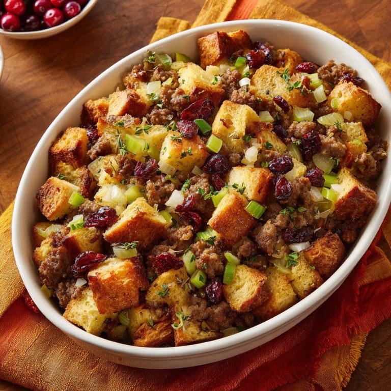 Cranberry-Wurst-Brotfüllung in einer Auflaufform, Nahaufnahme mit Fokus auf die Textur von Brotstücken, Wurst und Cranberries.