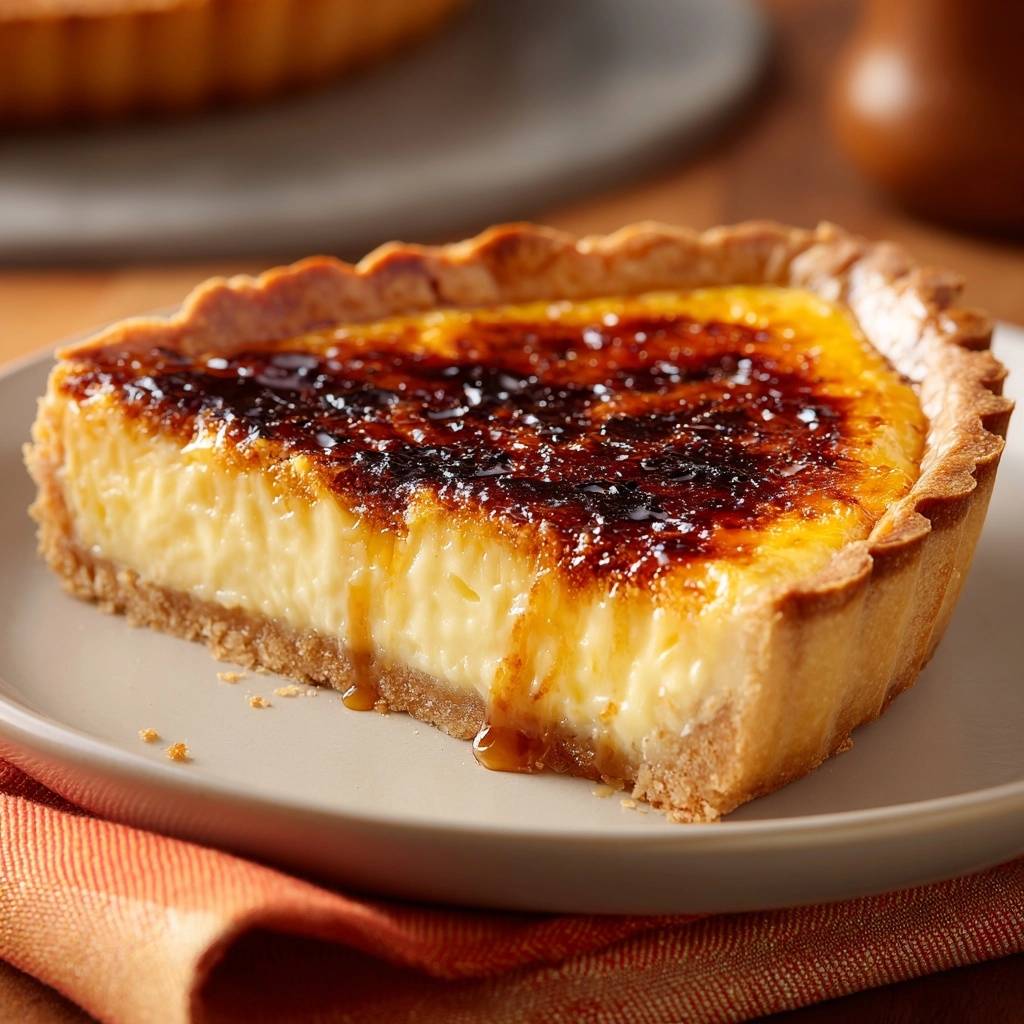 Crème Brûlée Quarktarte mit knuspriger Karamellkruste, angeschnitten auf einem Teller mit orangefarbenem Tuch.