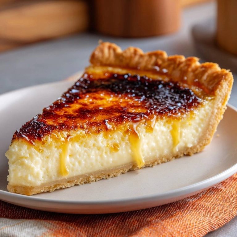 Crème Brûlée Quarktarte mit knuspriger Karamellkruste, angeschnitten auf einem Teller mit orangefarbenem Tuch