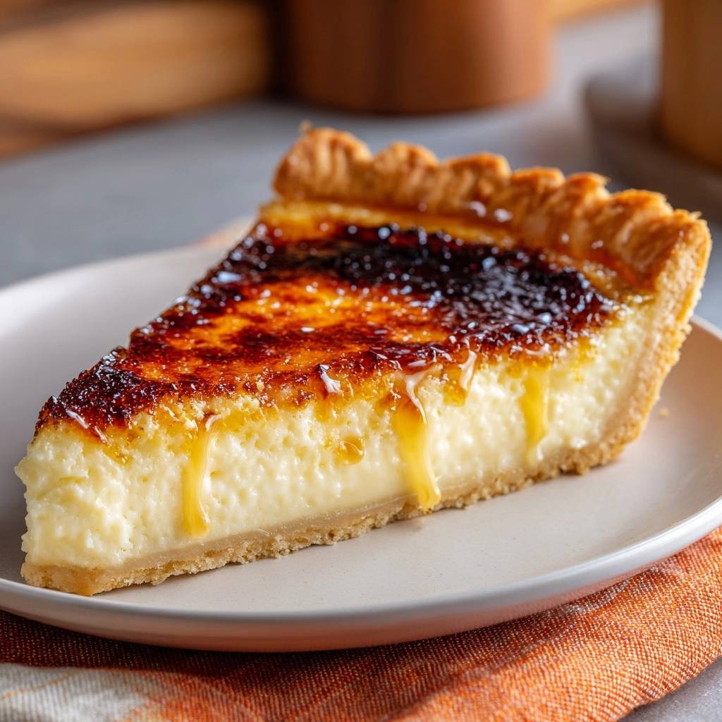 Crème Brûlée Quarktarte mit knuspriger Karamellkruste, angeschnitten auf einem Teller mit orangefarbenem Tuch