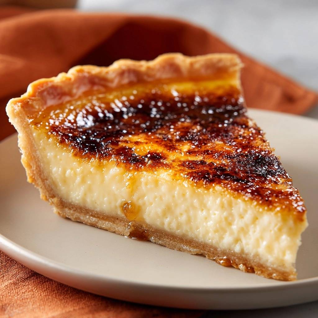 Knusprige Crème Brûlée Tarte – ein Anschnitt zeigt die cremige Füllung und den karamellisierten Zucker obenauf.