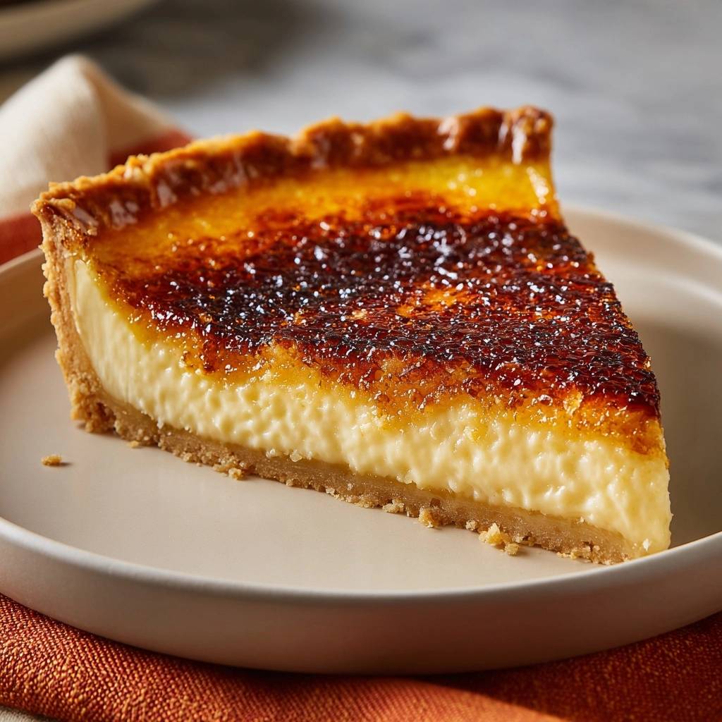 Knusprige Crème Brûlée Tarte angeschnitten auf einem Teller, mit karamellisierter Zuckerkruste und cremiger Füllung.
