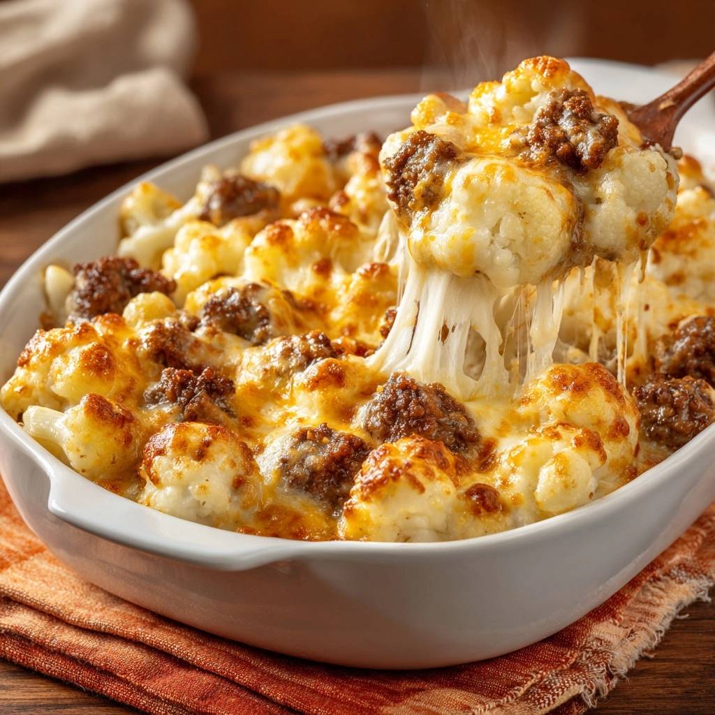 Cremiger Blumenkohl-Hack-Auflauf mit ziehendem Käse, frisch aus dem Ofen serviert.