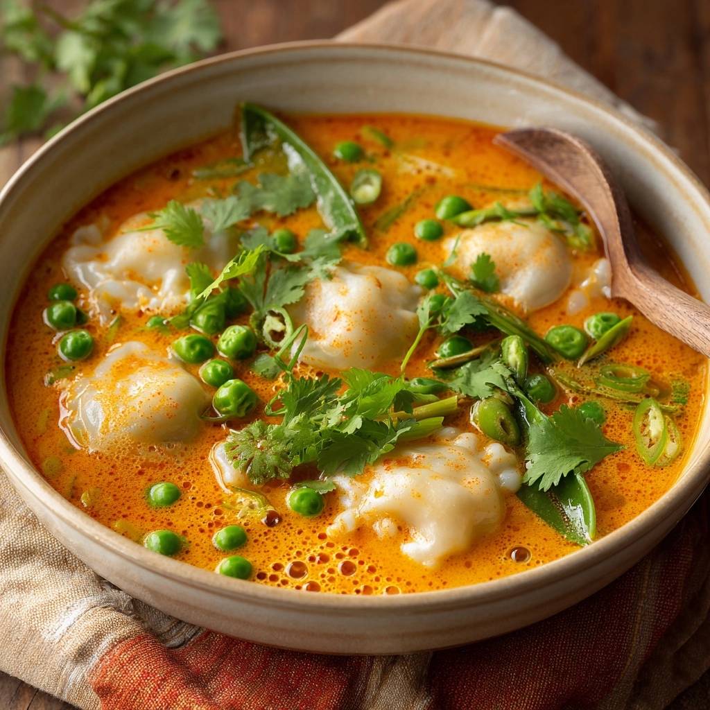Cremiges Erbsen-Curry mit Ravioli, eine Nahaufnahme mit frischem Koriander und Erbsen garniert.