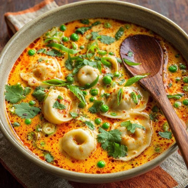 Cremiges Erbsen-Curry mit Ravioli als Nahaufnahme mit einer Holzschöpfkelle und frischer Petersilie garniert.