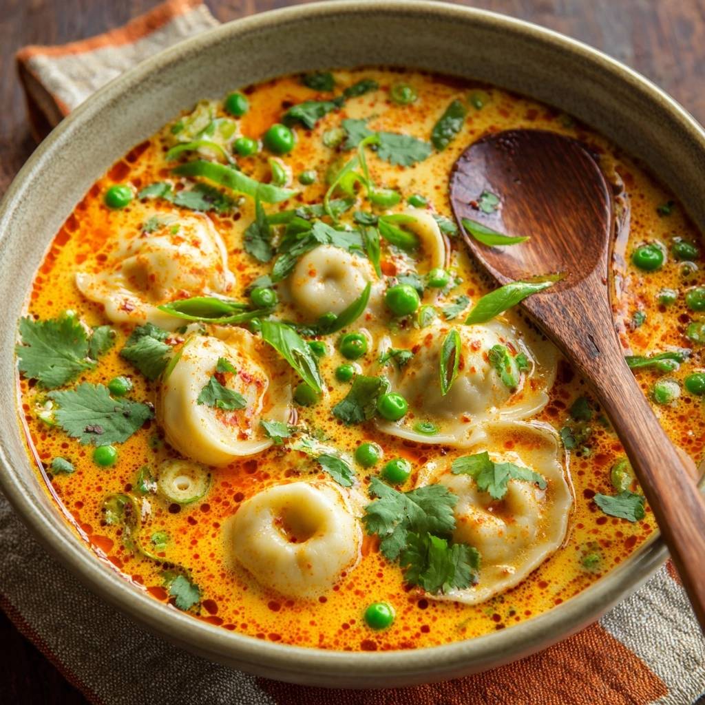 Cremiges Erbsen-Curry mit Ravioli als Nahaufnahme mit einer Holzschöpfkelle und frischer Petersilie garniert.