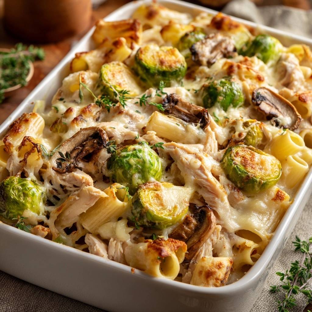 Cremiger Hähnchen-Rigatoni-Auflauf mit Pilzen und Rosenkohl, nahaufnahme der überbackenen Pasta mit geschmolzenem Käse.