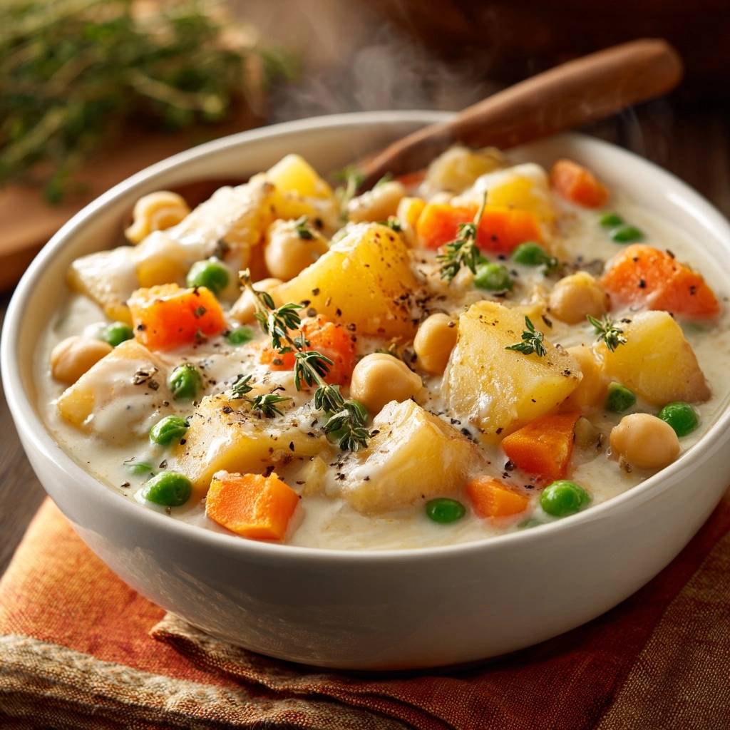 Cremige Kartoffel-Kichererbsen-Suppe als Nahaufnahme mit frischen Kräutern und gedämpften Kartoffelstücken.