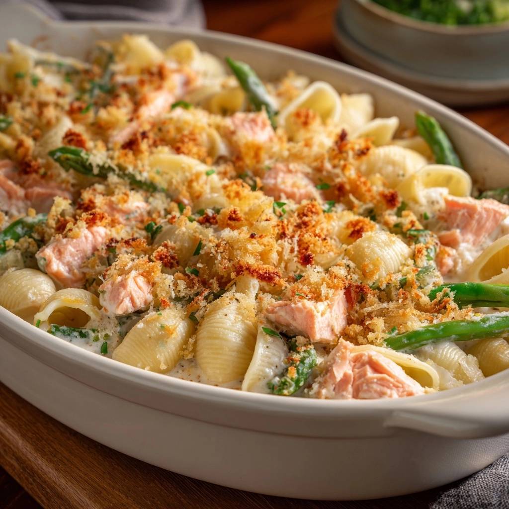 Cremiger Lachs-Conchiglie-Auflauf mit grünen Bohnen, mit knusprigem Brotkrümel-Topping in Nahaufnahme.