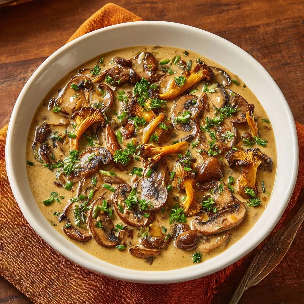 Cremiges Pilzragout mit frischer Petersilie und Schnittlauch garniert, Nahaufnahme des Gerichts in einer Schüssel