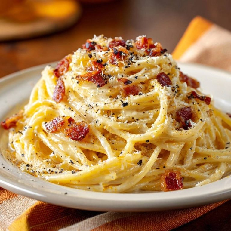 Cremige Spaghetti Carbonara mit Speck garniert, nahaufnahme der servierten Pasta auf einem Teller