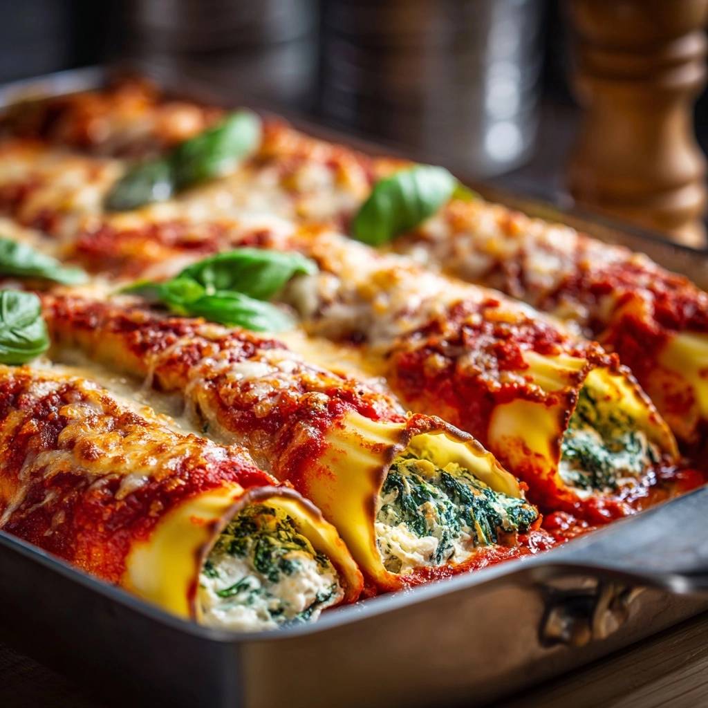 Cremige Spinat-Ricotta-Cannelloni im Anschnitt mit geschmolzenem Käse und Basilikum garniert
