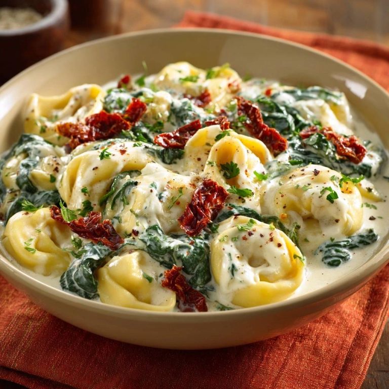 Cremige Spinat-Tortellini mit Sonnentomaten, Nahaufnahme der Tortellini in cremiger Sauce mit getrockneten Tomaten und Petersilie.