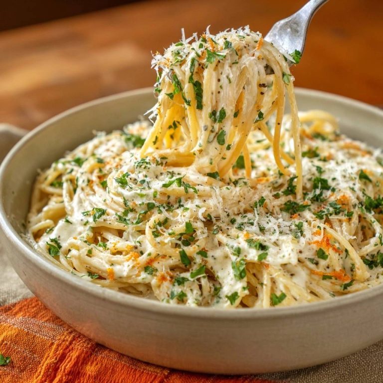 Cremige Zitronen-Spaghetti mit Parmesan & Petersilie, Nahaufnahme der spaghetti mit Parmesan und Petersilie garniert