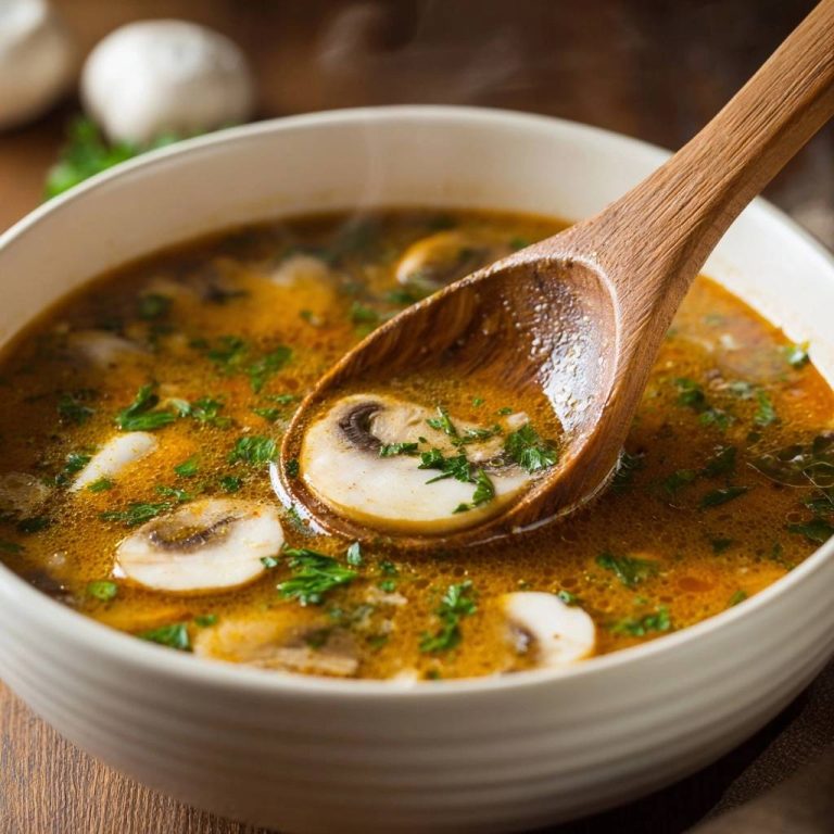 Cremige Champignon-Suppe mit einem Holzlöffel, der einen frischen Champignon aus der dampfenden Brühe hebt.