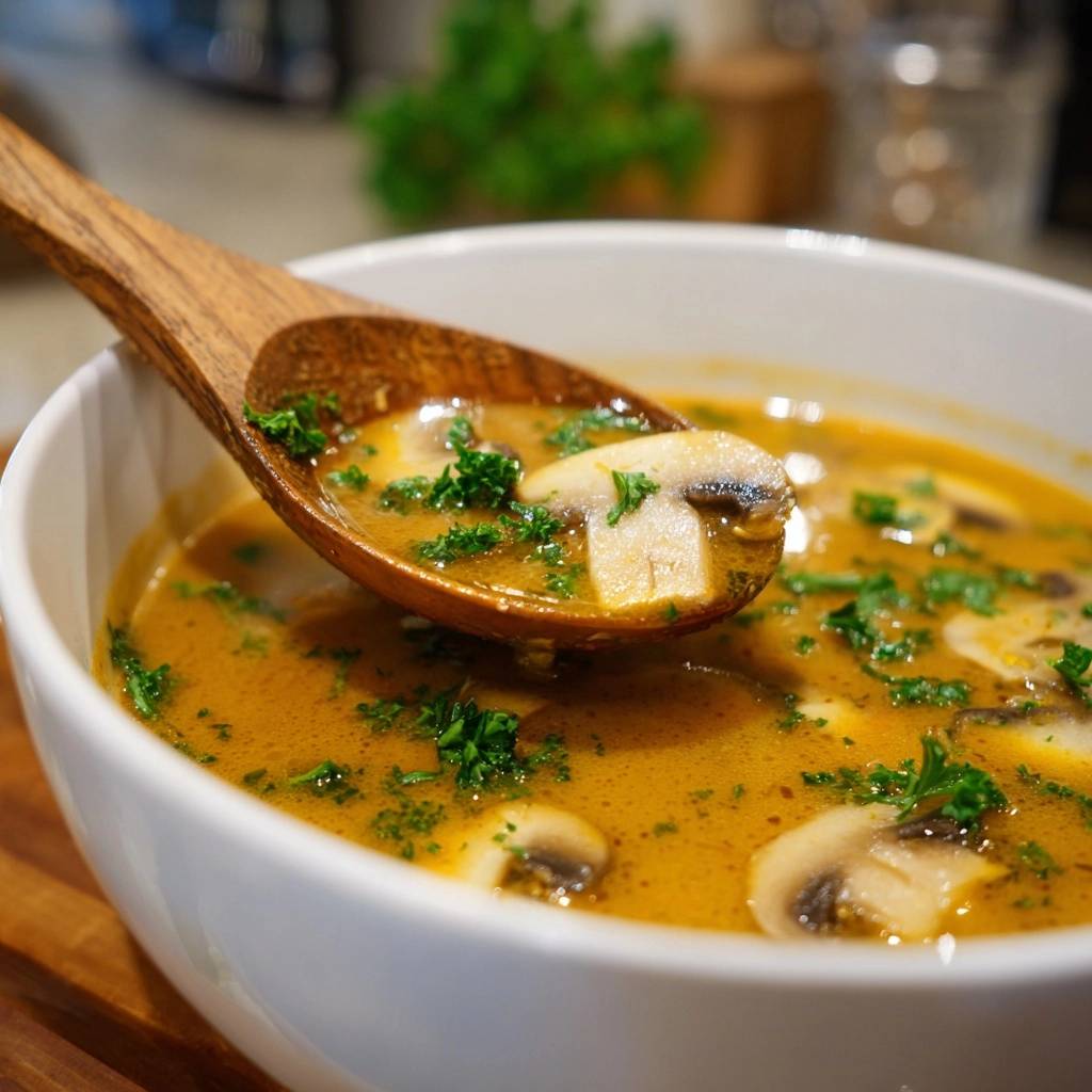 Cremige Champignon-Suppe mit einem Holzlöffel, der einen Pilz und frische Petersilie zeigt.