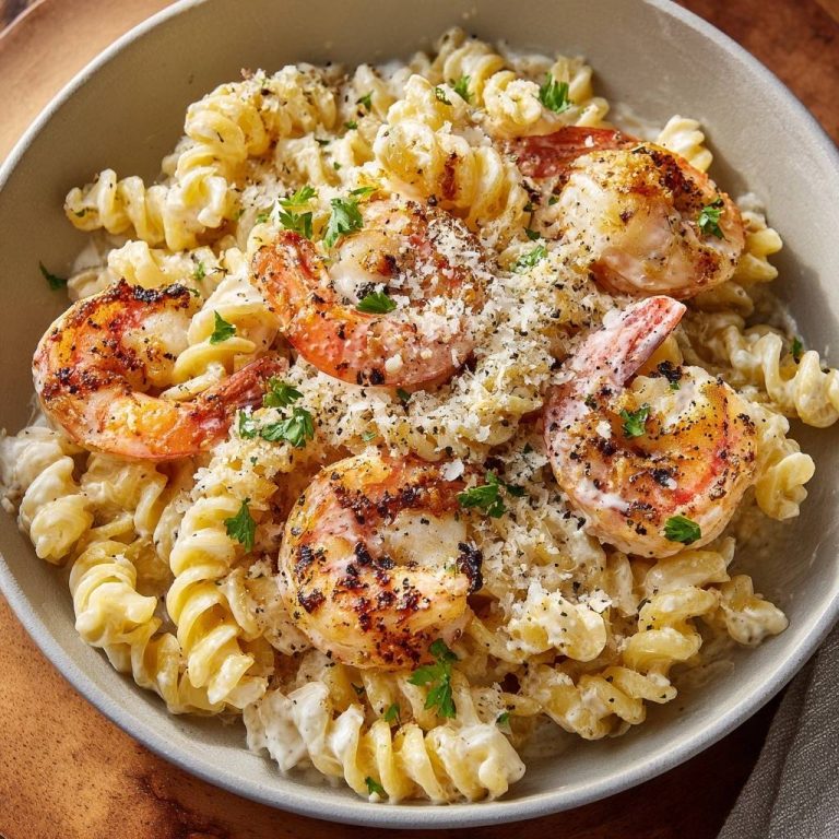 Cremige Fusilli mit knusprigen Garnelen, Nahaufnahme des perfekt zubereiteten Gerichts mit frischen Kräutern und Parmesan bestreut.