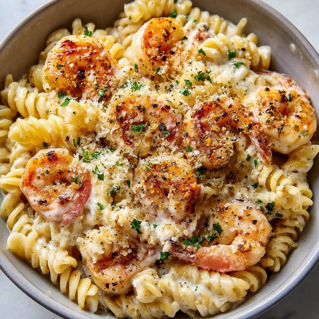 Cremige Fusilli mit knusprigen Garnelen – Nahaufnahme der Garnelen und cremigen Sauce auf dem Teller.